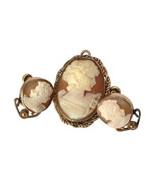50s Van Dell 12K GF Cameo Brooch Pendant Earring Set Mid Century Jewelry Shell C